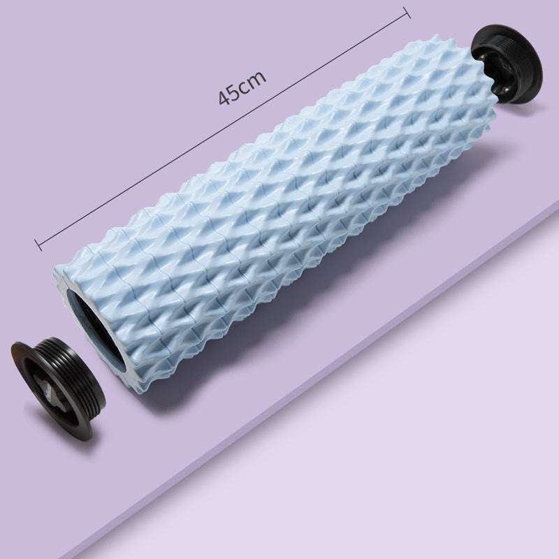 Foam massage roller in ocean blue color measuring 45cm, showcasing its textured surface for effective muscle relief.