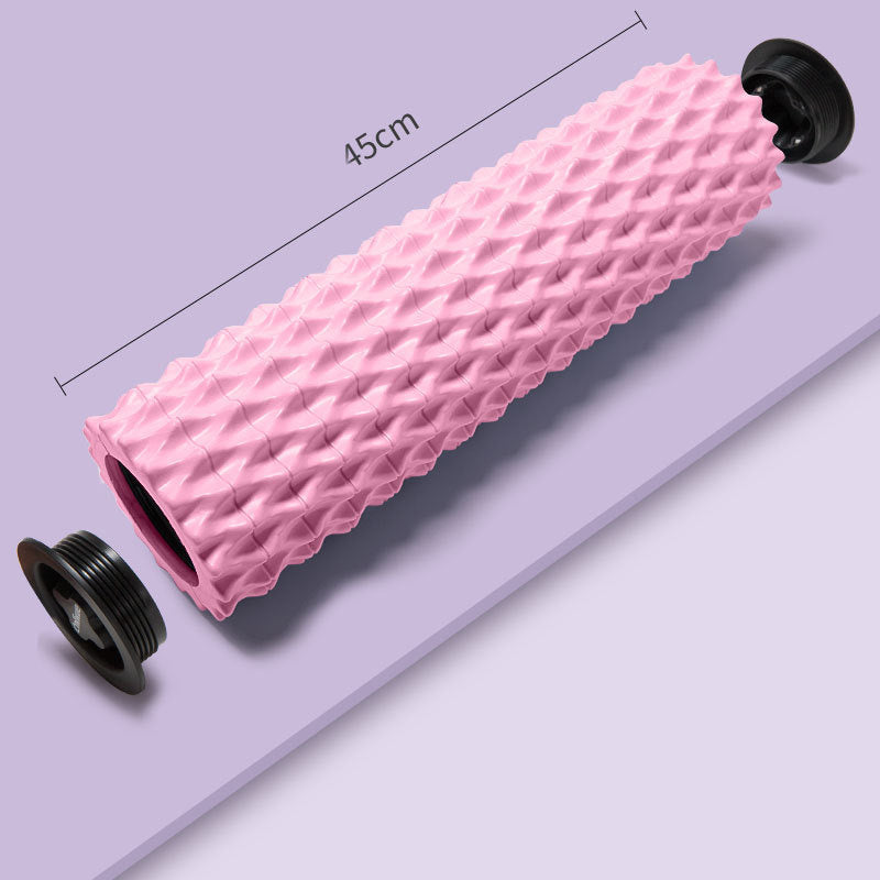 Foam massage roller in pink color, measuring 45cm, ideal for myofascial release and muscle recovery.