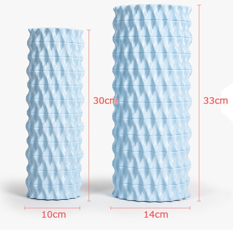 Foam massage roller in ocean blue color shown in two sizes: 30cm x 10cm and 33cm x 14cm.