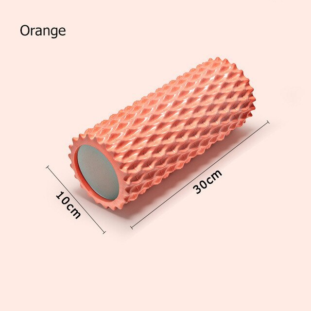 Foam massage roller in coral orange color, dimensions 30cm x 10cm, designed for effective muscle relief and recovery.