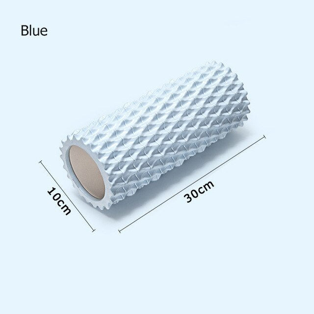 Foam massage roller in ocean blue, 30cm long and 10cm wide for deep tissue massage and recovery.